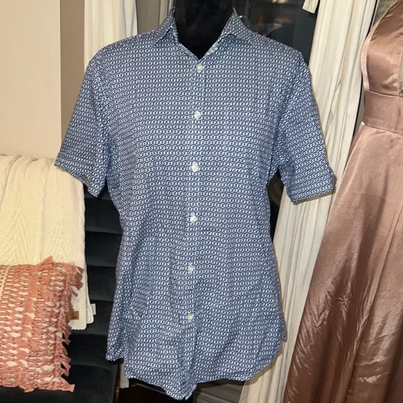 Murano blue mens shortsleeve button down collar business casual dress shirt MED - Picture 1 of 10